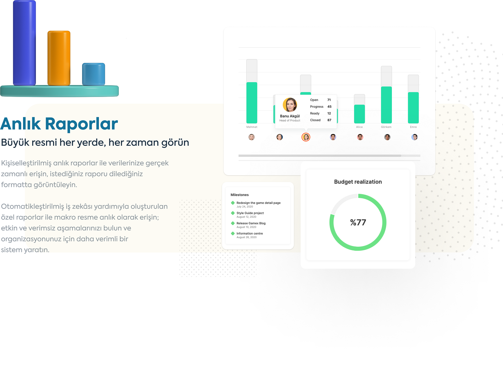 Anlık raporlar. Büyük resmi her yerde her zaman görün. Kişiselleştirilmiş anlık raporlar ile verilerinize gerçek zamanlı erişin, istediğiniz raporu dilediğiniz formatta görüntüleyin.