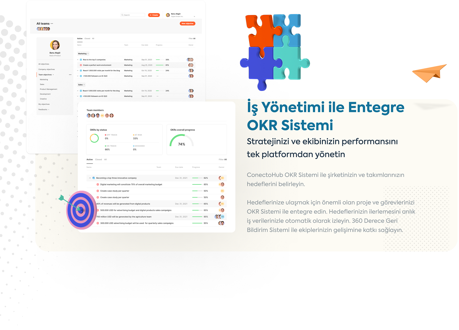 ConectoHub OKR Sistemi ile şirketinizin ve takımlarınızın hedeflerini belirleyin. Hedeflerinize ulaşmak için önemli olan proje ve görevlerinizi OKR Sistemi ile entegre edin. 360 Derece Geri Bildirim sistemi ile ekiplerinizin gelişimine katkı sağlayın